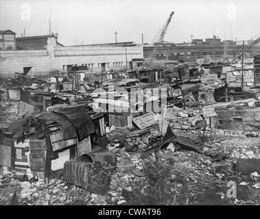 Great Depression Hooverville in lower Manhattan. 1932. Stock Photo