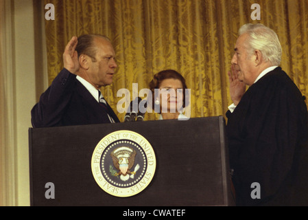 Gerald R. Ford is sworn in as the 38th President of the United States after the resignation of Richard Nixon on August 9, 1974. Stock Photo