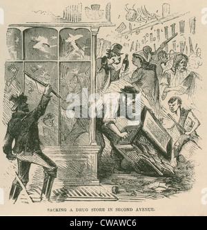 Mob looting of a drug store on Second Avenue during Draft Riots in New York City of July 13-16, 1863. The riots started as Stock Photo