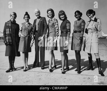 United Airlines stewardesses modeling their latest uniforms, designed by Hollywood couturier Jean Louis, circa early 1970s. Stock Photo