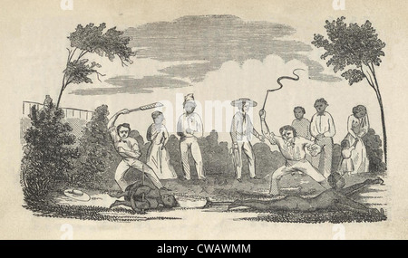 Illustration of the beatings given to fugitive slave Henry Bibb after his return to captivity in Louisiana. He was (from left) Stock Photo