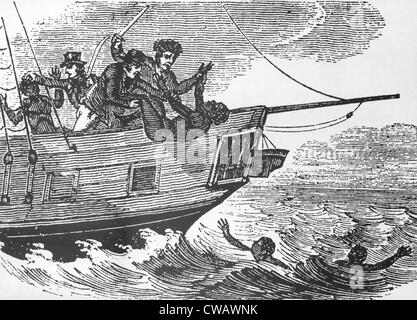 European sailors throwing African captives slaves overboard during ...