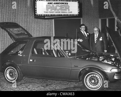 AMC introduces The Pacer, their first wide, small car. Vic Kray & Jack Rocks, managers at AMC in Cleveland, OH, are promoting Stock Photo