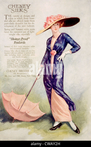 Advertisement for Cheney Brothers 'shower-proof' silks, 1912. Photo: Courtesy Everett Collection Stock Photo