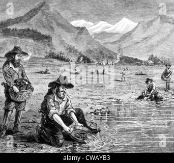 The Gold Rush, panning for gold in California, 1849, engraving 1891 ...