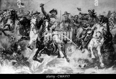 Theodore Roosevelt in a romanticized depiction leading the Rough Riders in the charge at San Juan Hill, Cuba, 1898 Stock Photo