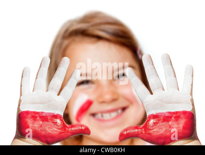 Fan happy girl with painted hands and polish flag Stock Photo