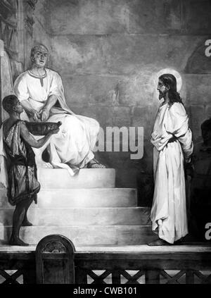 Jesus Christ, title: Pontius Pilate washing his hands, from Christ's Passion set of paintings by Kosheleff, circa early 1900s. Stock Photo