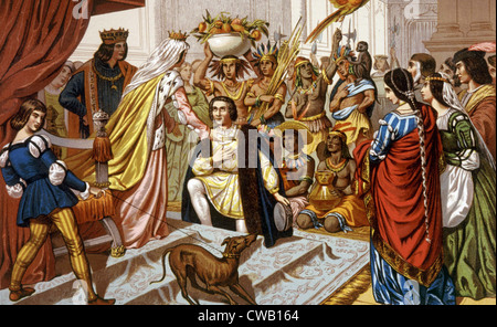 Christopher Columbus received by King Ferninand and Queen Isabella on his return from the New World in 1493, chromolithograph Stock Photo