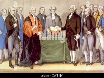 George Washington's presidential inauguration in New York on April 30, 1789, lithograph by Currier & Ives, 1876 Stock Photo