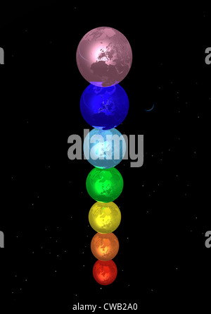 Earth for each color chakra in stary night background Stock Photo