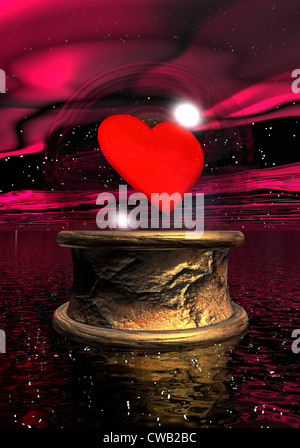 Crystal ball with a red heart inside upon golden base in night background Stock Photo