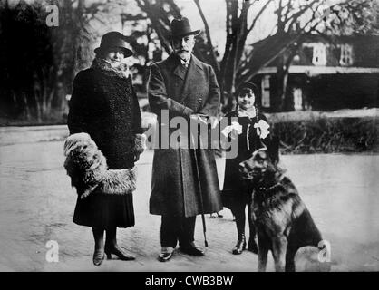 Hermine Reuss (left), second wife of the Kaiser, and Kaiser William II (center), last German Emperor, circa 1930s. Stock Photo