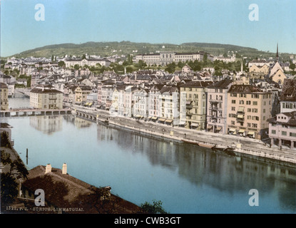 Switzerland, The Limmatquay, (aka limmatquai), with Polytechnic, (aka Swiss Federal Institute of Technology), Zurich, Stock Photo