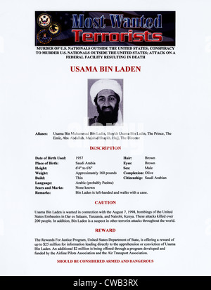 Osama bin Laden, militant Islamist and founder of Al-Qaeda, FBI wanted poster, circa late 1990s-early 2000s. Stock Photo