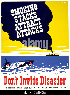 World War II, Poster for Thirteenth Naval District, United States Navy, showing smoke coming from smokestack of ship, Japanese Stock Photo