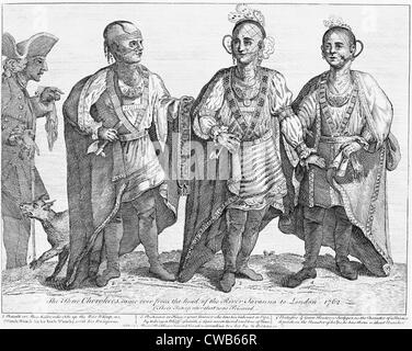 Cherokee Tribe. 'Three Cherokees Came Over from the Head of the River Savannah to London' Austenaco (second from right), Stock Photo