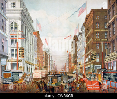 Broadway in New York City. Illustration of New York's dry goods district showing horse-drawn wagons, street railroads, and Stock Photo