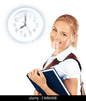 Portrait of beautiful happy student female, attractive clever smiling school girl with textbook isolated on white background Stock Photo