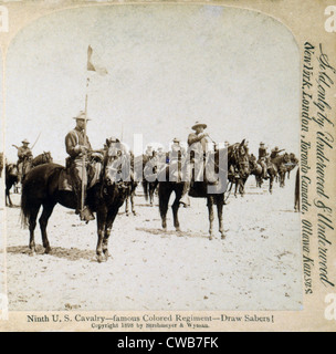 Buffalo soldiers of the Ninth U.S. Cavalry--famous Colored Regiment--Draw Sabers! stereocard ca. 1898 Stock Photo