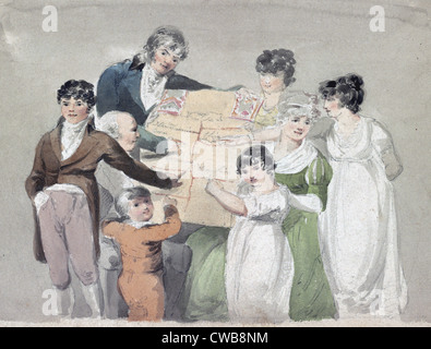 Family group - Smith, his wife and six children pointing at examples of their work. ca. 1809 Stock Photo