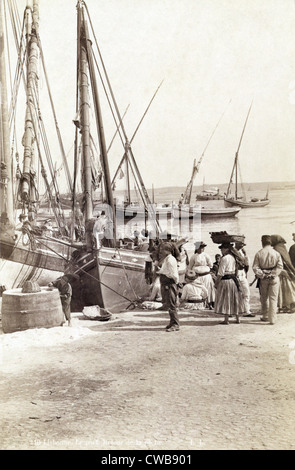 Fishing boats in Lisbon, Portugal, circa late 1800s. Stock Photo