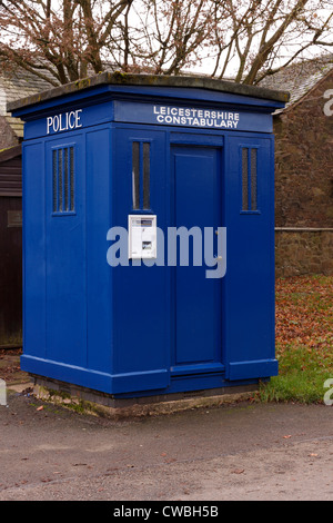 Real blue police box at entrance to Bradgate Park, Newtown Linford Leicestershire, England, UK Stock Photo