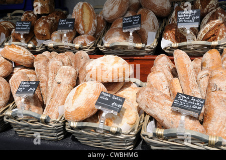 A selection of organic bread by the Tortoise Bakery at Cardigan Riverside food fair Ceredigion Wales Cymru UK GB Stock Photo