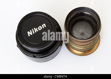 Two camera lens of different eras Stock Photo