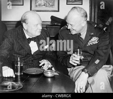 Winston Churchill (1874-1965), and General Eisenhower, enjoy a drink at the Raleigh Tavern in Colonial Williamsburg, during the Stock Photo