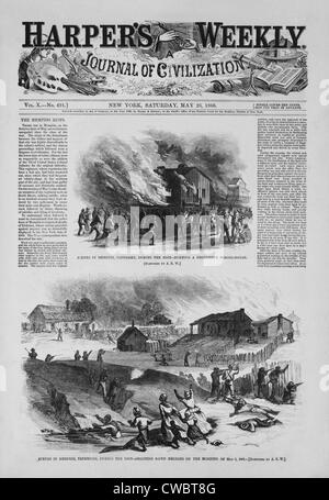 Front Page of a newspaper reports about a race riot in Memphis, Tennessee, May 2, 1866. For two days, white mobs, attacked the Stock Photo