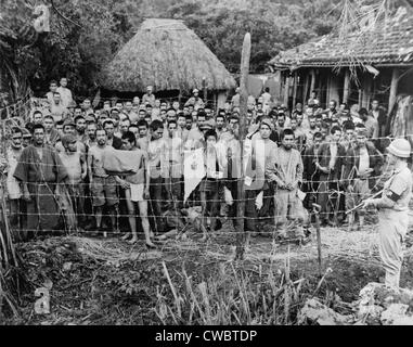 Japanese prisoners of war at Okuku, Okinawa Island in June 27, 1945. Stock Photo