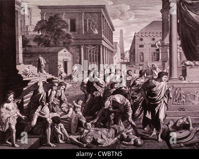 THE PLAGUE OF ASHDOD or EPIDEMIC AMONG THE PHILISTINES. The Old Testament scene shows God's destruction of the temple and idol Stock Photo