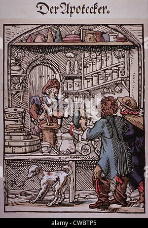 The Apothecary.  Two men approach a pharmacy as the druggist makes medications. 16th century German woodcut by Jost Amman. Stock Photo