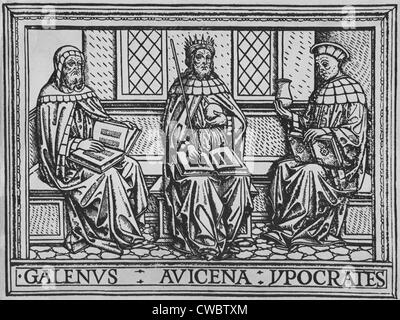 The three great ancient teachers of medicine: Galen (Roman), Avicenna (Persian), and Hippocrates (Greek). Woodcut from an early Stock Photo