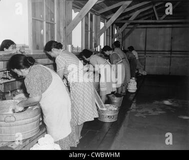 Japanese American women, laundering their families' clothes in metal washtubs during their three month incarceration at Stock Photo