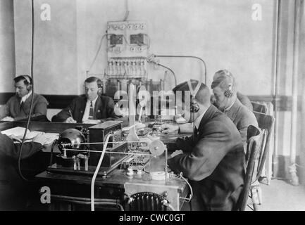 Students practicing telegraphy at the Marconi wireless school in New York City. Ca. 1912. Stock Photo