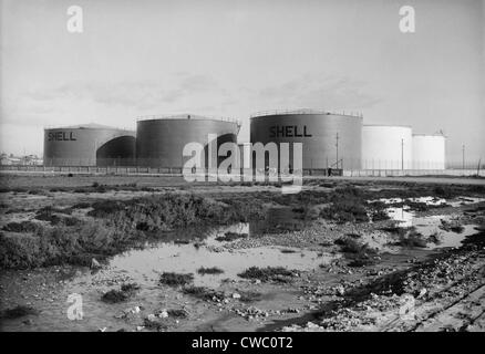 'Shell' oil tanks near Haifa, Palestine. Ca. 1934-39. Stock Photo