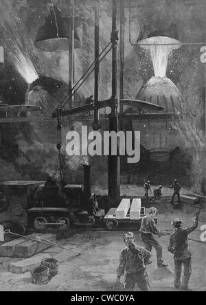 Making steel with Bessemer Converters in Pittsburgh, Pennsylvania. Wood engraving from a drawing by Charles Graham. 1886. Stock Photo