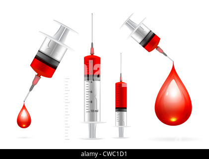 Blood drop and syringe. Vector set illustration on white Stock Photo