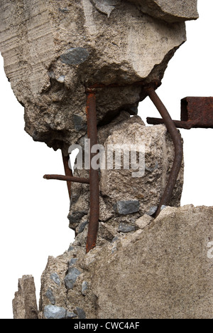 Broken concrete pillars and steel structures seen. Stock Photo