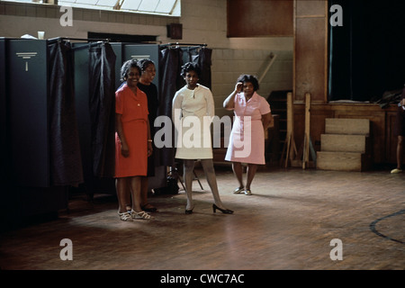 African American women poll workers on an election day in Birmingham Alabama. Ca. 1975. Stock Photo