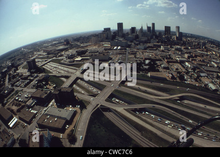 Fisheye aerial view of the complex concrete ribbons dividing and merging in Los Angeles. Ca. 1973-75. Stock Photo