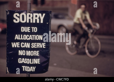 'Sorry. Due to allocation we can serve no more gasoline today ' reads a sign at the end of the energy crisis in April 1974 when