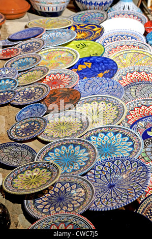 Handmade Tunisian decorated plates in a marketplace Stock Photo