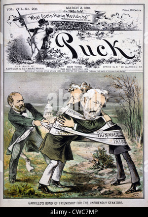 President James Garfield wrapping ribbon patronage around James Blaine and Roscoe Conkling. 1881 Stock Photo