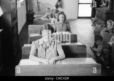 Students of various ages seated at their desks in a rural Wisconsin school. Sept. 1939. Stock Photo