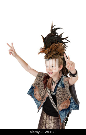 School kid in costume gesturing peace sign over white background Stock Photo