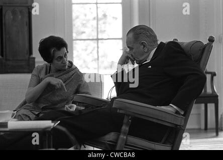 President Lyndon Johnson meeting with Indian Prime Minister, Indira Gandhi. Gandhi, the daughter of Jawaharlal Nehru, became PM Stock Photo