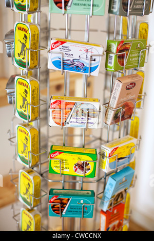 Portuguese tinned fillets of mackerel, octopus, sardine and tuna in olive oil, Lisbon. Stock Photo